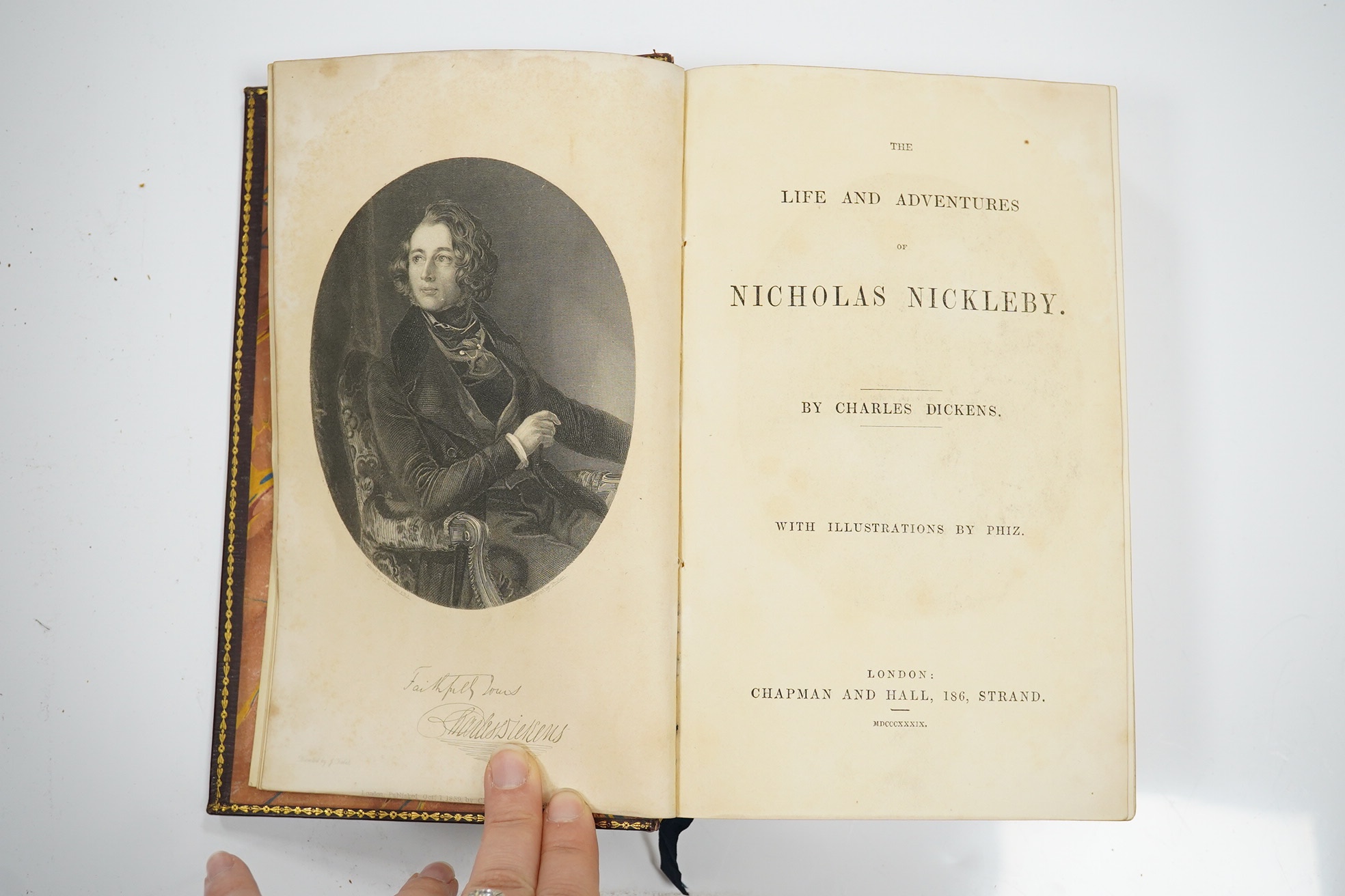 Dickens, Charles - The Life and Adventures of Nicholas Nickleby, 1st edition in book form, with 40 engraved plates including portrait frontispiece, by Phiz (Halbot K. Browne), contemporary bookplate and ownership signatu